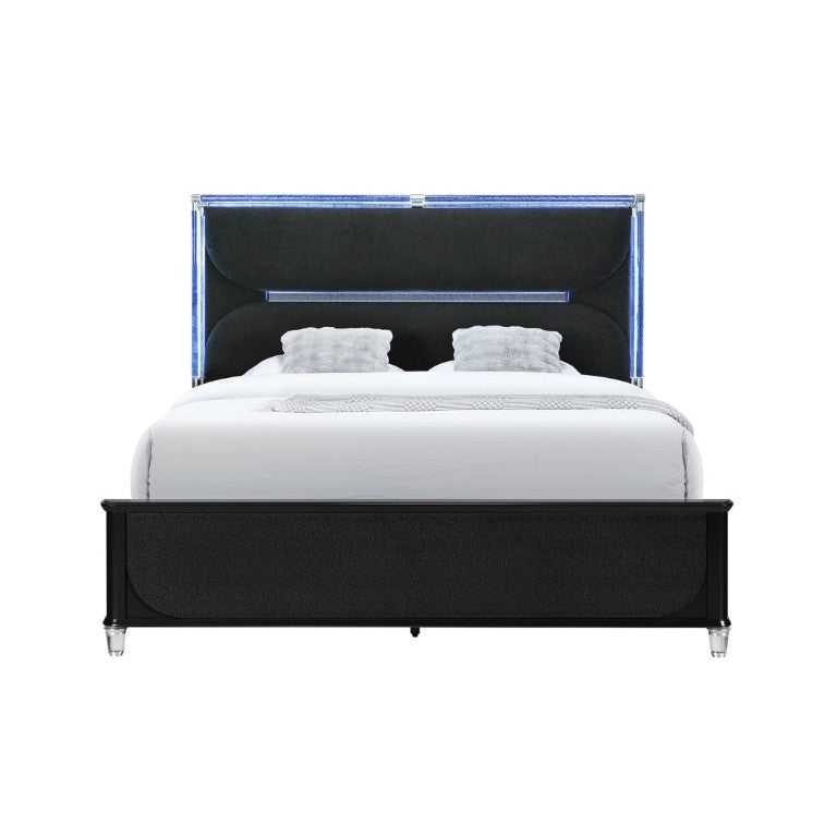 English Elm Louden King Bed Black Wood Frame with Crystal Headboard and Built in LED Lighting B201S00557