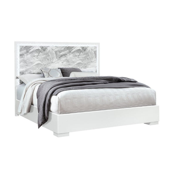 English Elm Nomani Full Bed Faux Marble Headboard with LED Ambient Lighting Gray Lacquer Frame B201S00576