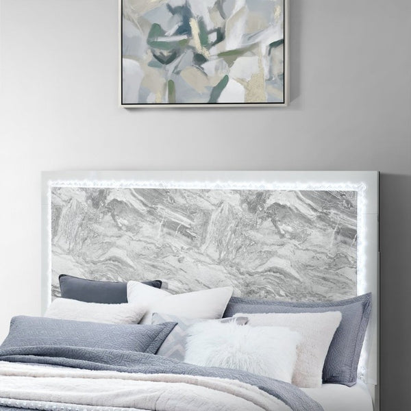 English Elm Nomani Full Bed Faux Marble Headboard with LED Ambient Lighting Gray Lacquer Frame B201S00576