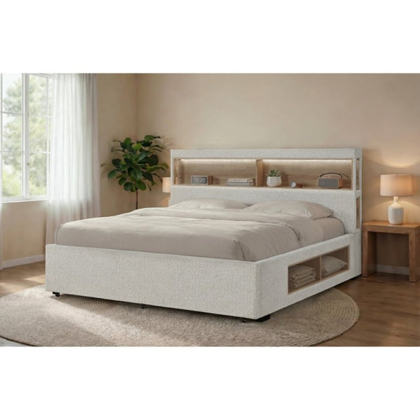 English Elm Sacha King Platform Bed with LED Bookcase Headboard and Built-In Storage Rails B201S00588