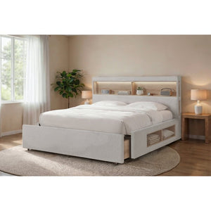 English Elm Sacha King Platform Bed with LED Bookcase Headboard and Built-In Storage Rails B201S00588
