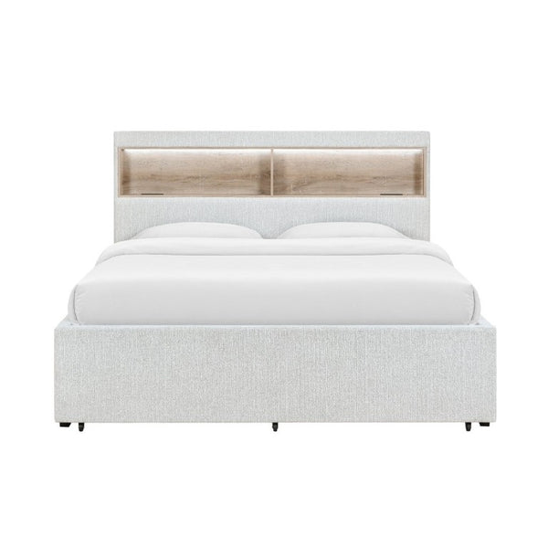 English Elm Sacha King Platform Bed with LED Bookcase Headboard and Built-In Storage Rails B201S00588