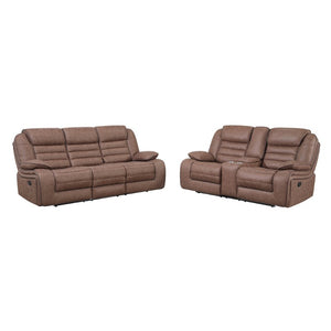 English Elm Lucius Manual Reclining Sofa Set with Console Pillow Top Arms Tailored Brown Fabric B201S00609
