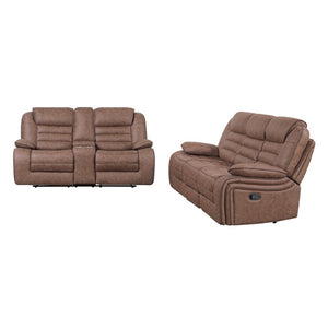 English Elm Lucius Manual Reclining Sofa Set with Console Pillow Top Arms Tailored Brown Fabric B201S00609