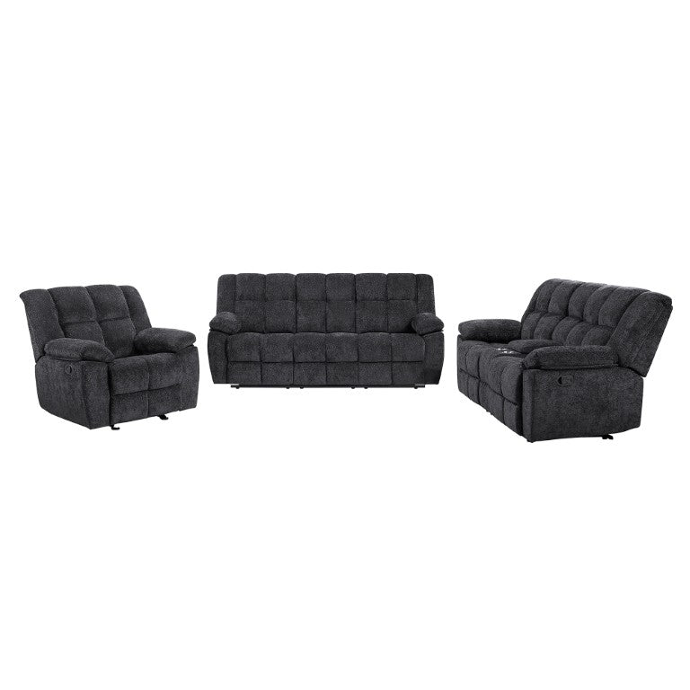 English Elm Liam Transitional Reclining Sofa Set with Plush Biscuit Upholstery and Console B201S00616