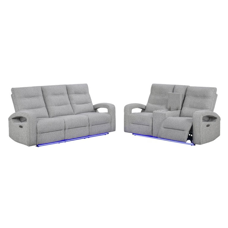 English Elm Isolde Power Reclining Sofa and Loveseat Set with LED Lighting in Grey Upholstery B201S00619