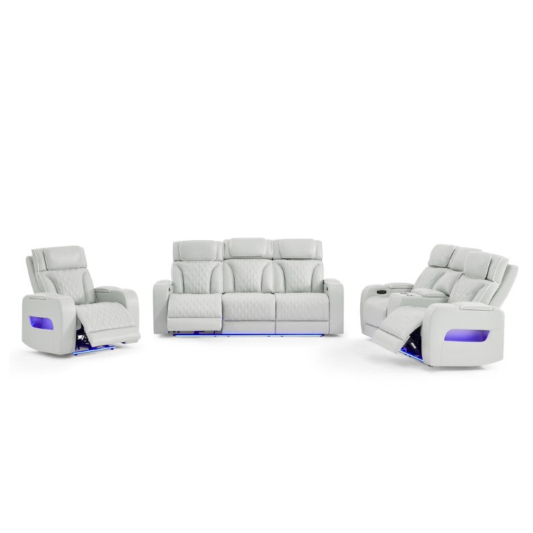 English Elm Julian Silver Power Reclining Living Room Set with LED Lighting and Bluetooth Audio B201S00625