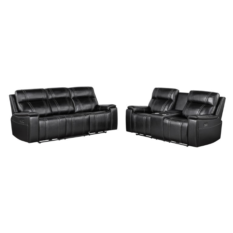 English Elm Ian Power Reclining Sofa Set with LED Lighting and Surround Sound for Home Theater Black Leather B201S00631
