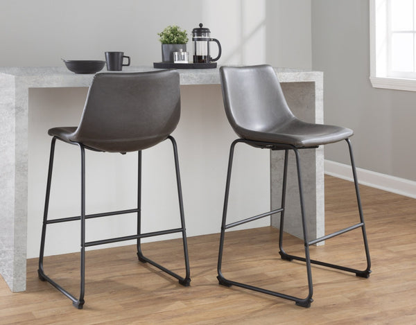 English Elm 26 Inch Industrial Counter Stool with Black Powder-Coated Frame and Grey Faux Leather Seat B202P290813