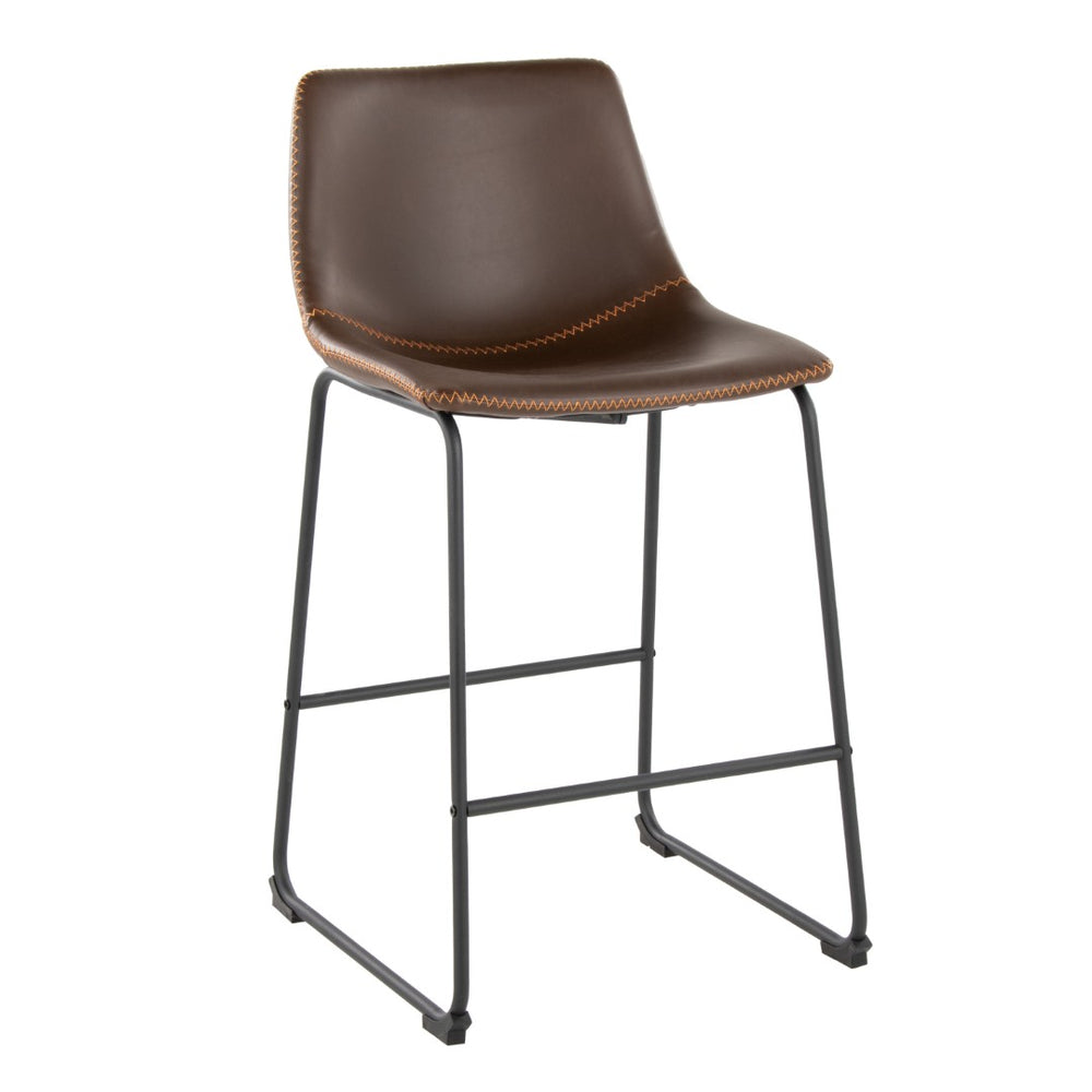 English Elm 26 Inch Industrial Counter Stool Espresso PU Leather Seat with Bold Orange Accent Stitching B202P290814