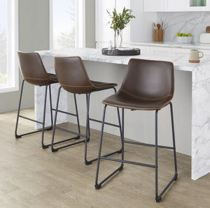 English Elm 26 Inch Industrial Counter Stool Espresso PU Leather Seat with Bold Orange Accent Stitching B202P290814