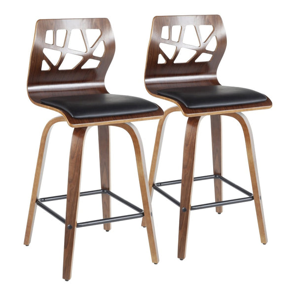 English Elm Folia Mid-Century Counter Stools Walnut Lattice Back Faux Leather Seat Set of 2 B202P290816