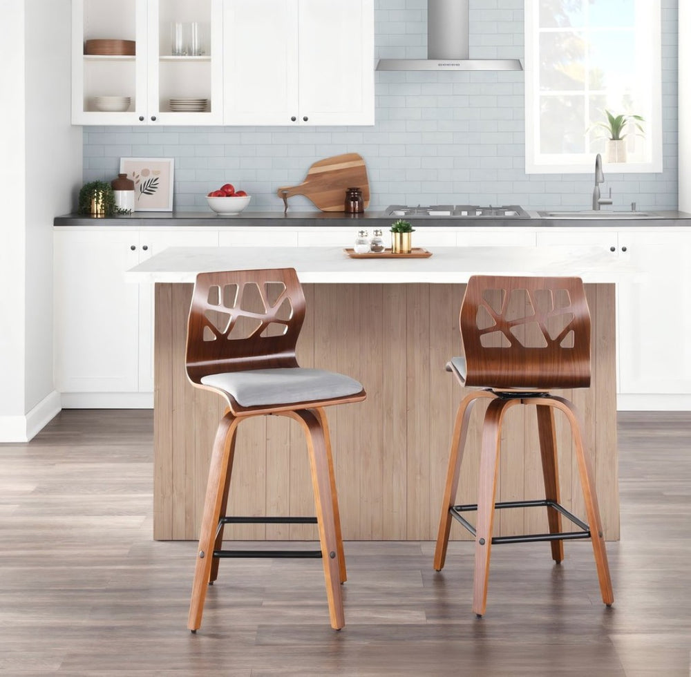 English Elm Folia Mid-century Counter Stools Set of 2 Walnut Frame with Grey Upholstered Seat B202P290817
