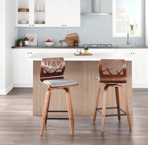 English Elm Folia Mid-century Counter Stools Set of 2 Walnut Frame with Grey Upholstered Seat B202P290817
