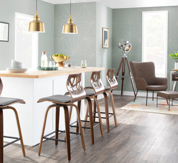 English Elm Folia Mid-century Counter Stools Set of 2 Walnut Frame with Grey Upholstered Seat B202P290817