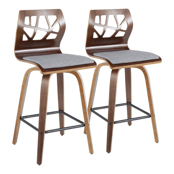 English Elm Folia Mid-century Counter Stools Set of 2 Walnut Frame with Grey Upholstered Seat B202P290817