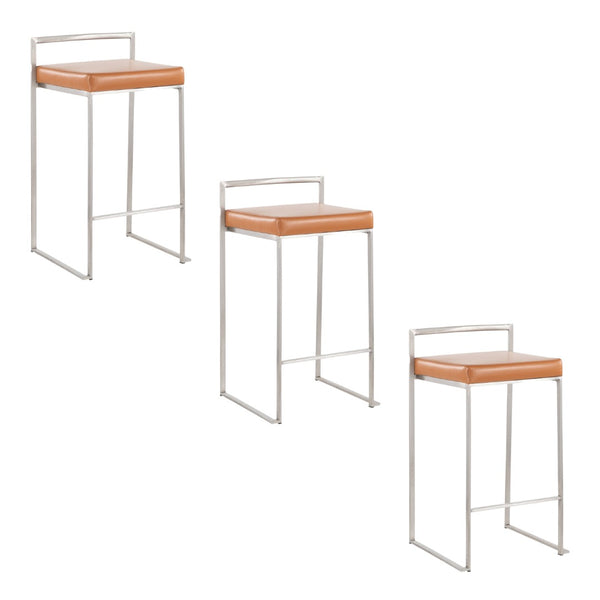 English Elm 26 Inch Stackable Counter Stools Set of 3 Faux Leather Welded Steel Kitchen Bar Seating B202P290828