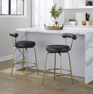 English Elm 26" Counter Stools Art Deco Gold Metal Swivel Seat Faux Leather Kitchen Set of 2 Black B202P290850