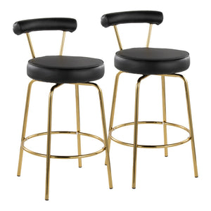 English Elm 26" Counter Stools Art Deco Gold Metal Swivel Seat Faux Leather Kitchen Set of 2 Black B202P290850