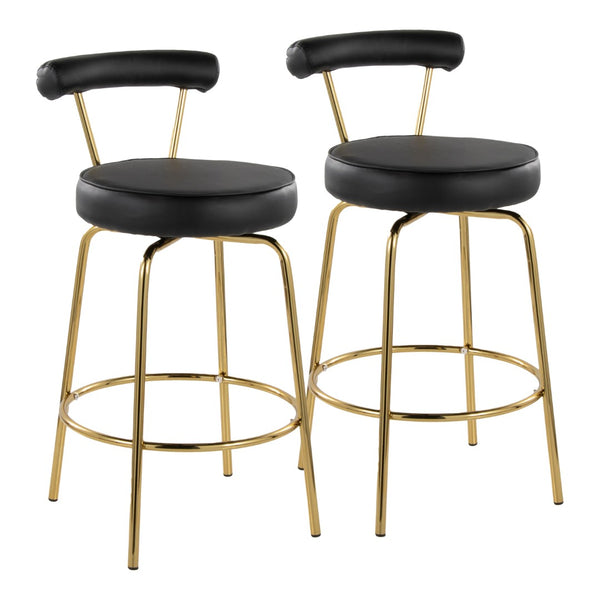 English Elm 26" Counter Stools Art Deco Gold Metal Swivel Seat Faux Leather Kitchen Set of 2 Black B202P290850