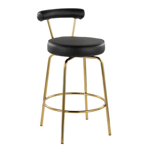English Elm 26" Counter Stools Art Deco Gold Metal Swivel Seat Faux Leather Kitchen Set of 2 Black B202P290850
