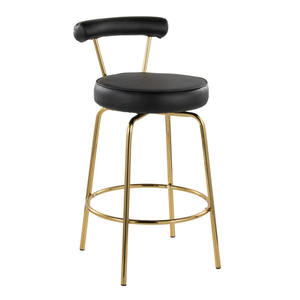 English Elm 26" Counter Stools Art Deco Gold Metal Swivel Seat Faux Leather Kitchen Set of 2 Black B202P290850