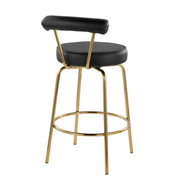 English Elm 26" Counter Stools Art Deco Gold Metal Swivel Seat Faux Leather Kitchen Set of 2 Black B202P290850