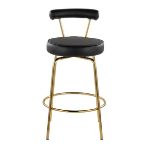 English Elm 26" Counter Stools Art Deco Gold Metal Swivel Seat Faux Leather Kitchen Set of 2 Black B202P290850