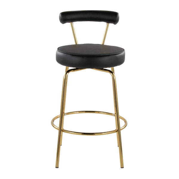 English Elm 26" Counter Stools Art Deco Gold Metal Swivel Seat Faux Leather Kitchen Set of 2 Black B202P290850