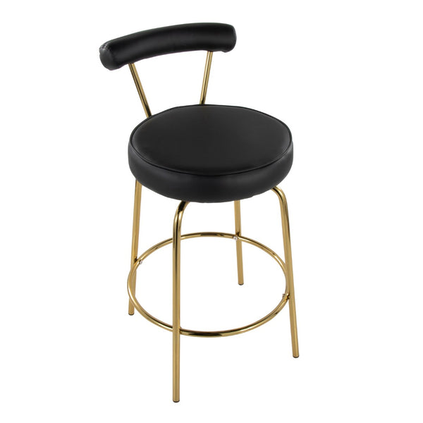 English Elm 26" Counter Stools Art Deco Gold Metal Swivel Seat Faux Leather Kitchen Set of 2 Black B202P290850