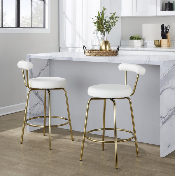 English Elm 26" Counter Stools Art Deco Gold Metal Swivel Seat Faux Leather Kitchen Set of 2 White B202P290851