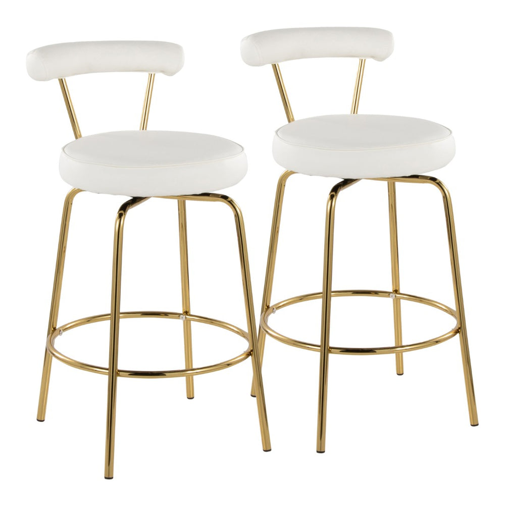 English Elm 26" Counter Stools Art Deco Gold Metal Swivel Seat Faux Leather Kitchen Set of 2 White B202P290851