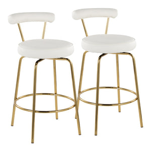 English Elm 26" Counter Stools Art Deco Gold Metal Swivel Seat Faux Leather Kitchen Set of 2 White B202P290851