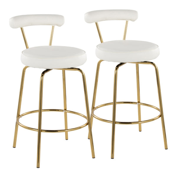 English Elm 26" Counter Stools Art Deco Gold Metal Swivel Seat Faux Leather Kitchen Set of 2 White B202P290851