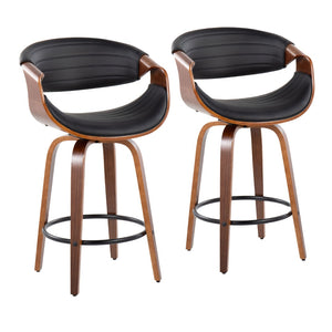 English Elm Mid-Century Walnut Bentwood Counter Stools with Faux Leather Swivel Seats Set of 2 B202P290855
