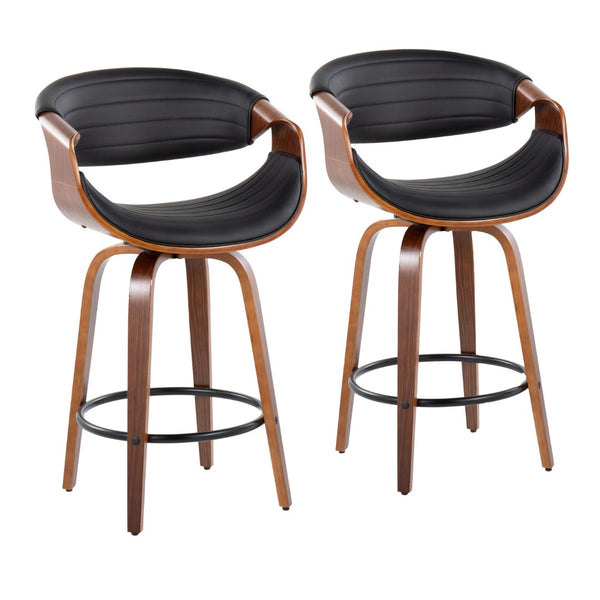 English Elm Mid-Century Walnut Bentwood Counter Stools with Faux Leather Swivel Seats Set of 2 B202P290855