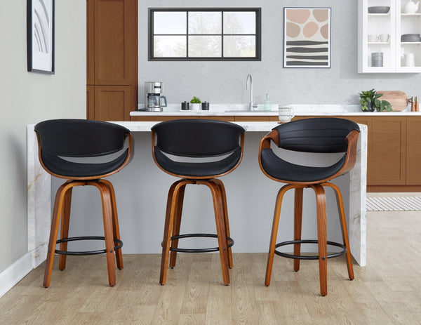 English Elm Mid-Century Walnut Bentwood Counter Stools with Faux Leather Swivel Seats Set of 2 B202P290855