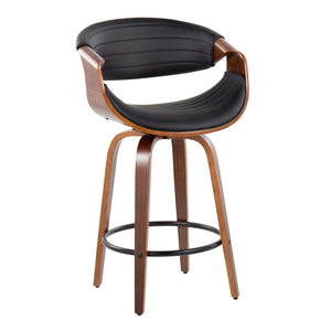 English Elm Mid-Century Walnut Bentwood Counter Stools with Faux Leather Swivel Seats Set of 2 B202P290855