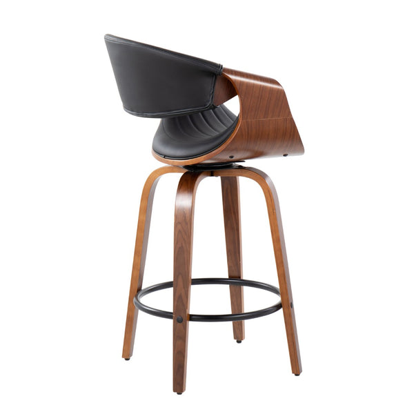 English Elm Mid-Century Walnut Bentwood Counter Stools with Faux Leather Swivel Seats Set of 2 B202P290855
