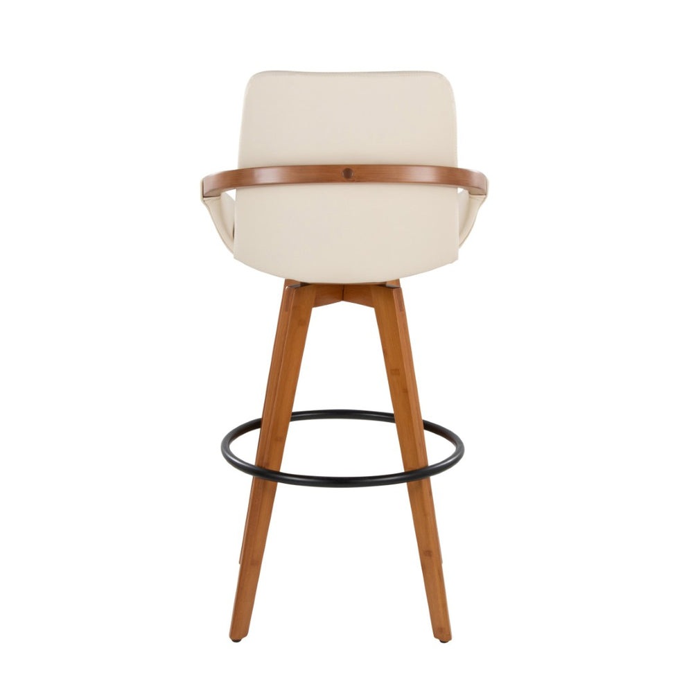 English Elm Mid-Century Swivel Barstool Bamboo Frame Faux Leather Seat Metal Footrest Kitchen Island B202P290861