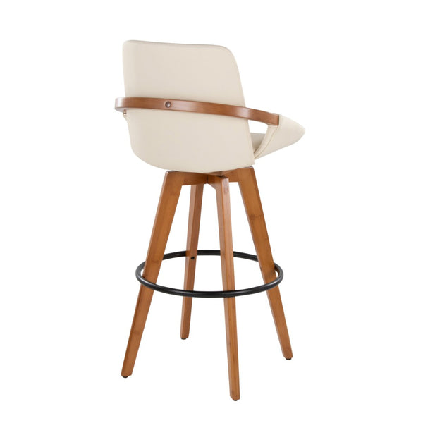 English Elm Mid-Century Swivel Barstool Bamboo Frame Faux Leather Seat Metal Footrest Kitchen Island B202P290861
