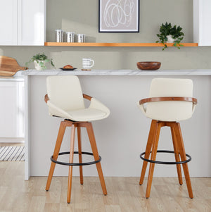 English Elm Mid-Century Swivel Barstool Bamboo Frame Faux Leather Seat Metal Footrest Kitchen Island B202P290861
