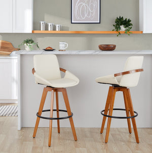 English Elm Mid-Century Swivel Barstool Bamboo Frame Faux Leather Seat Metal Footrest Kitchen Island B202P290861