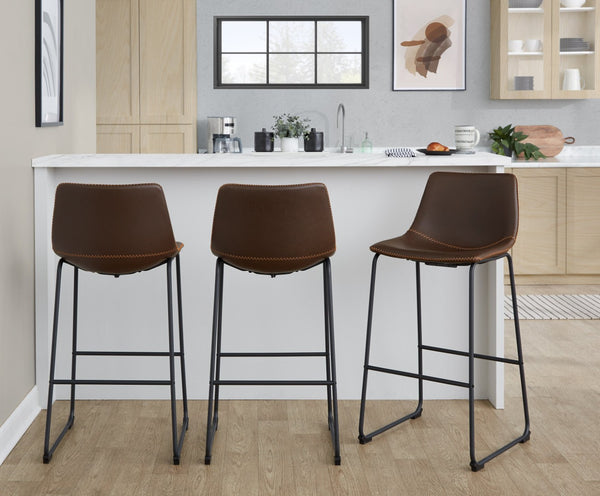 English Elm 30 Inch Industrial Barstool PU Leather Seat with Black Steel Frame and Footrest B202P290864