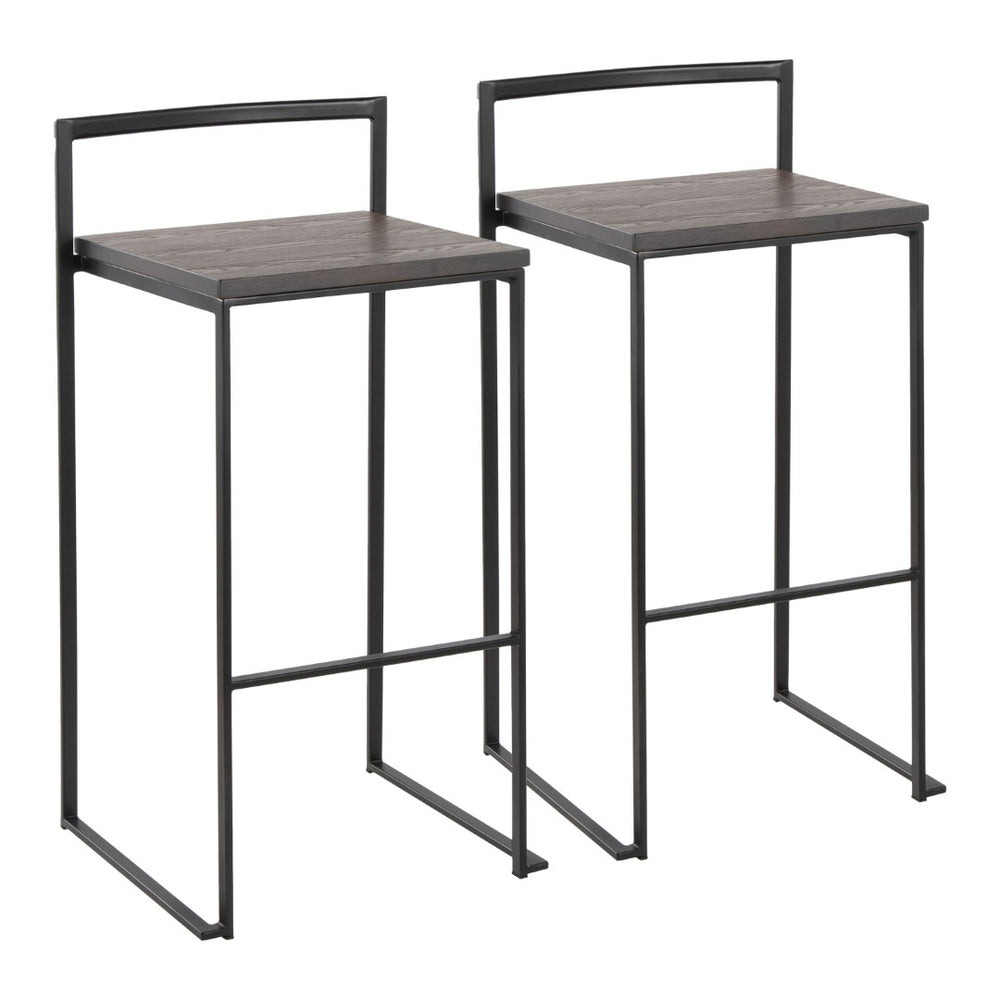 English Elm 30 Inch Stackable Industrial Barstools Bamboo Seat Welded Black Metal Frame Set of 2 B202P290865