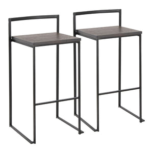 English Elm 30 Inch Stackable Industrial Barstools Bamboo Seat Welded Black Metal Frame Set of 2 B202P290865