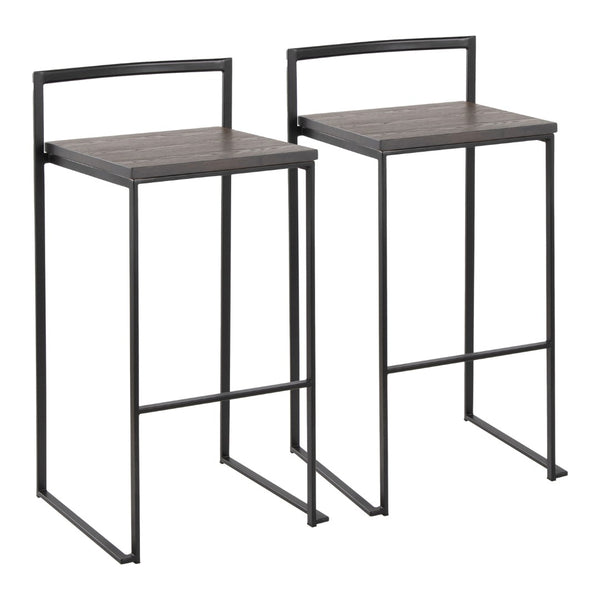 English Elm 30 Inch Stackable Industrial Barstools Bamboo Seat Welded Black Metal Frame Set of 2 B202P290865