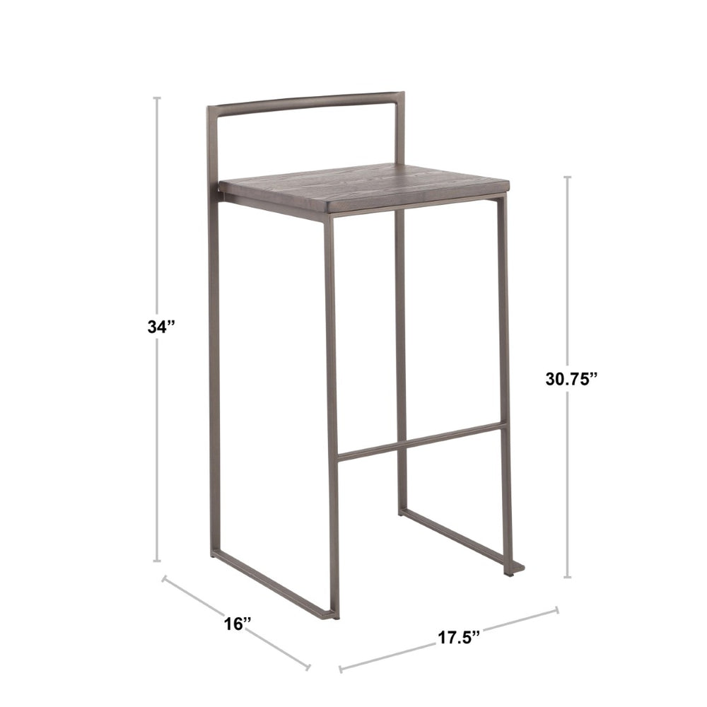 English Elm 30 Inch Stackable Industrial Barstools Bamboo Seat Welded Black Metal Frame Set of 2 B202P290865