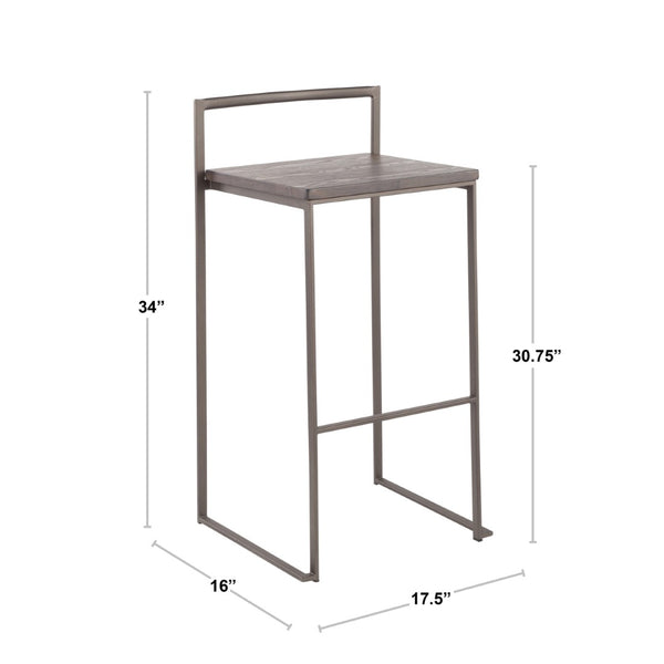 English Elm 30 Inch Stackable Industrial Barstools Bamboo Seat Welded Black Metal Frame Set of 2 B202P290865