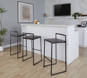 English Elm 30 Inch Stackable Industrial Barstools Bamboo Seat Welded Black Metal Frame Set of 2 B202P290865